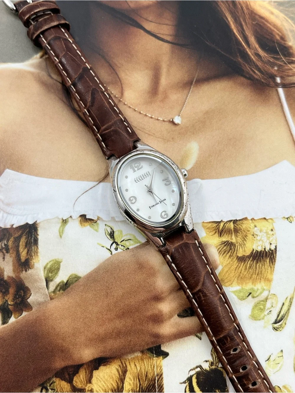 925 Sterling Silver Watch Case Space Age Analog Wrist Watch Mother of Pearl